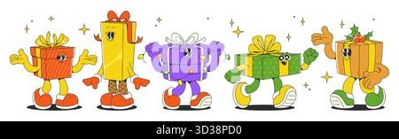 Retro groovy cartoon gift box characters - funny party presents mascots in vibrant colors. Christmas or birthday packages set with expressive faces, ribbons and bows for xmas celebration design. Stock Vector