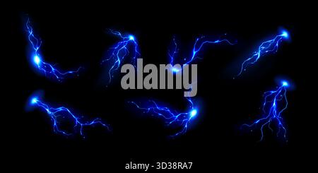 Blue lightning bolts set isolated on black. Vector realistic illustration of magic energy flashes, thunderstorm strikes, neon curves glowing in dark with bright sparks, electric power discharge Stock Vector