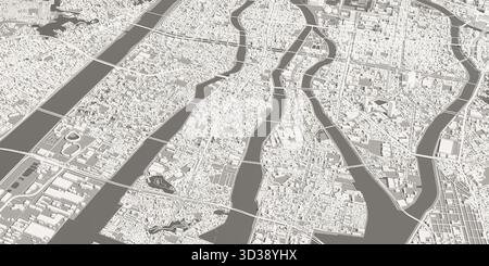 3D render map of Hiroshima city view. 3D illustration of an aerial view of Hiroshima, Japan. Stock Photo