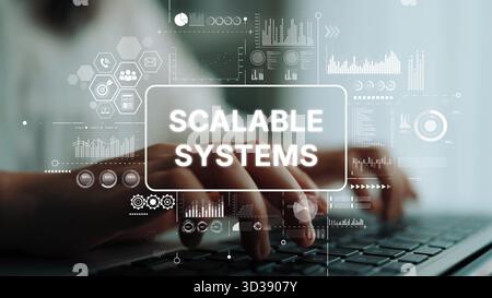 Futuristic Technology Concept with Hand Typing on Keyboard and Digital Graphics Representing Scalable Systems and Data Management. Asymptotic smart Stock Photo
