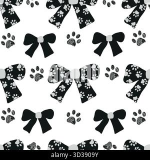 Black and white bow ties doodle paw print seamless fabric design pattern Stock Vector