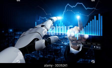 A futuristic scene featuring a robotic hand and a human hand engaging with dynamic data charts, illustrating the intersection of human expertise and Stock Photo