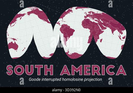 World map of South America using the Goode interrupted homolosine projection, centered on South America. Stock Vector