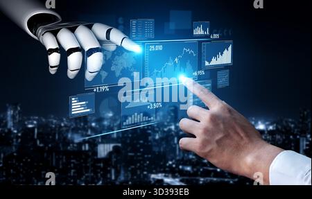 A striking image of a human hand reaching out to a robotic arm, both interacting with digital data displays, visualizing graphs and analytics in a Stock Photo
