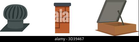 A narrow panel shows three roof accessories including a low vent a brick chimney and an open skylight Stock Vector