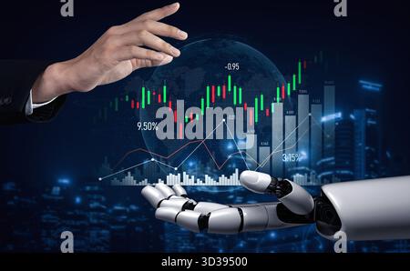 A captivating image showcasing the interaction between a human hand and a robotic hand, representing the impact of technology on financial trading and Stock Photo