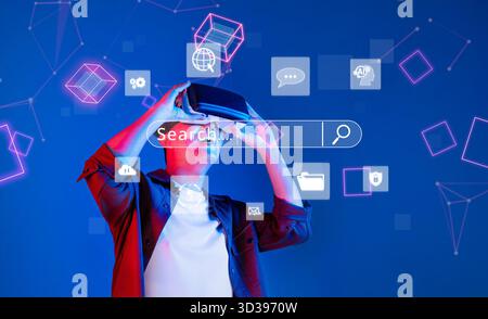 A user wearing a VR headset interacts with a virtual interface showcasing search engine optimization concepts, highlighting digital marketing and Stock Photo