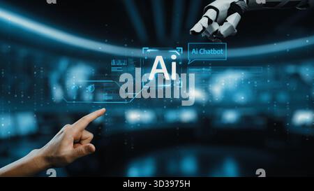 This image showcases a futuristic AI chatbot interface featuring a robotic hand reaching toward a display, emphasizing human-technology interaction Stock Photo