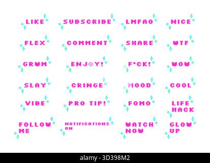 Aesthetic pink pixel art social media slang words set Stock Vector