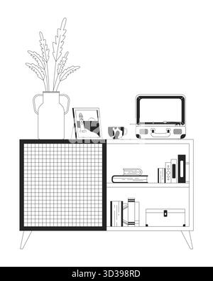 Mid-century wooden cabinet with eclectic decor 2D line object Stock Vector