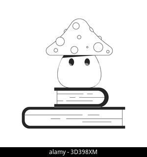 Cute mushroom character on books stack 2D line object Stock Vector