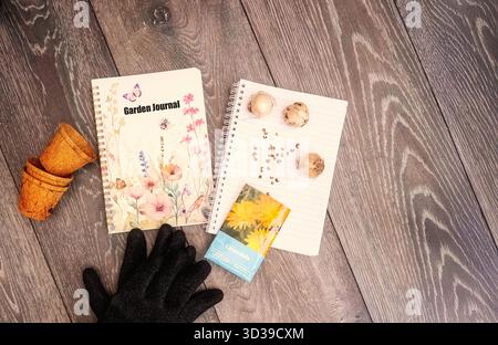 Close-up of a spring to-do list and garden journal with calendula seed packet and bulbs on a notebook, on a rustic wooden bench. Seasonal planning in Stock Photo