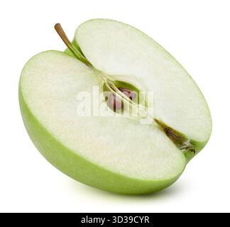 Juicy fresh apples Clipping Path. Half of ripe green apple isolated on white. Close up shot of sliced green apple. Stock Photo