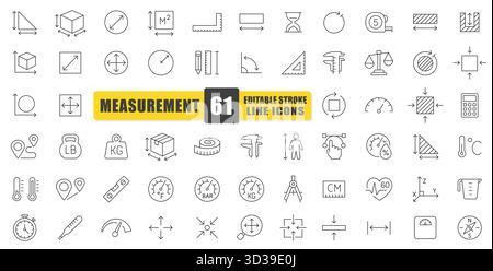 Measurement Line Icon Vector Set. A Collection Of 61 Thin Line Editable Stroke Icons Featuring Tools For Size, Distance, Weight, And Temperature. Perf Stock Vector