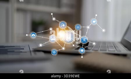 A modern workspace shows a laptop with digital security symbols, highlighting connections and technology. This image captures the essence of Stock Photo