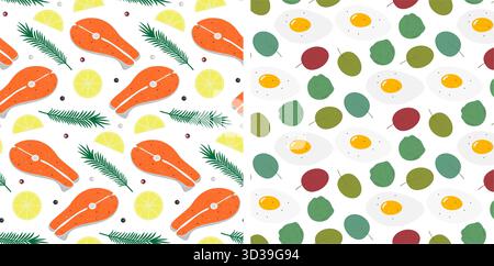 Salmon Steak with Seasoning and Fried Eggs Greens and Brussels Sprouts Seamless Pattern Healthy Food. Isolated Vector illustration Food Poster Media post or Promo banner, leaflet, label, price tag Set Stock Vector