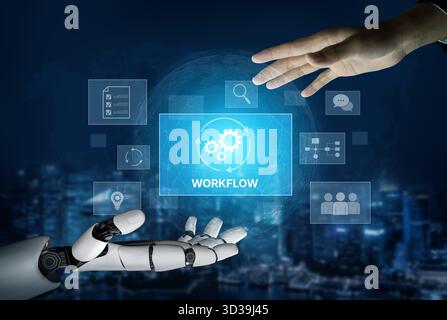 AI streamlines business workflows by automating repetitive tasks, enhancing team coordination, and optimizing structured processes for greater Stock Photo