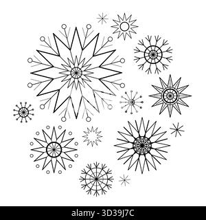 Set of snowflakes on white background. Winter design elements. Mandala ornament illustration. Coloring page. Monochrome tattoo design Stock Vector