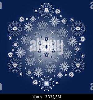 Winter magic ornament of snowflakes. White snowflakes on dark blue background. Monochrome blue decorative design element. Mandala ornament vector illu Stock Vector