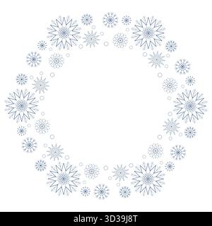 Winter frame of snowflakes with place for text. Many blue snowflakes on white background. Monochrome decorative design element. Mandala ornament vecto Stock Vector