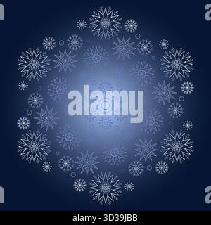Winter magic melting ornament of snowflakes. White snowflakes on dark blue background. Star nebula. Monochrome blue decorative vector design element. Stock Vector