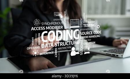 A programmer focuses on software development amid visual representations of coding concepts like data structure and error handling, showcasing a Stock Photo