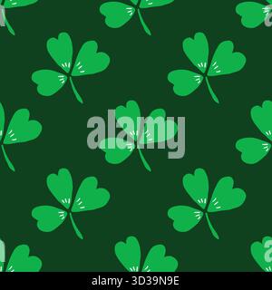 Green shamrocks seamless vector pattern background. Tossed three leaf clover on dark green backdrop. Irish lucky charm motifs. Diagonal geometric St Stock Vector