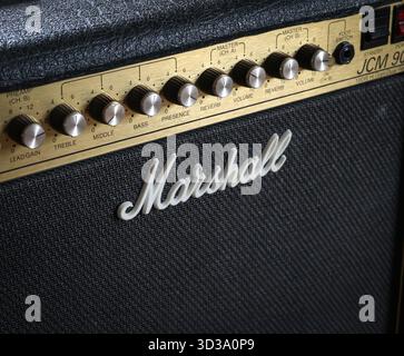 Close up detail image of Marshall JCM900 Series Guitar Amplifier and Logo Stock Photo