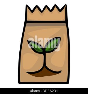Cute cartoon vector illustration of a brown paper bag with a sprouting seedling, representing growth and nature. Stock Vector