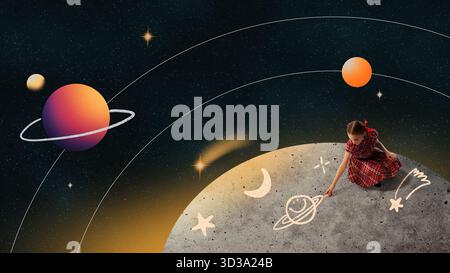 Graphic collage. Girl drawing planets and stars on cosmic surface in surreal space environment Stock Photo