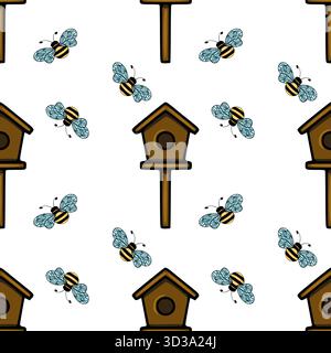 Seamless vector pattern featuring charming cartoon bees flying around brown birdhouses on a white background. Stock Vector