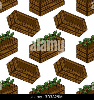 Seamless vector pattern of wooden garden planters with young green sprouts, isolated on white background, creating a charming and organic horticultura Stock Vector