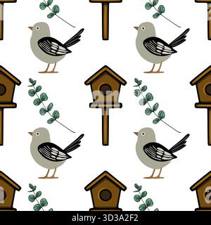 A charming vector pattern featuring cute grey birds and wooden birdhouses amidst delicate green foliage on a clean white background, creating a whimsi Stock Vector