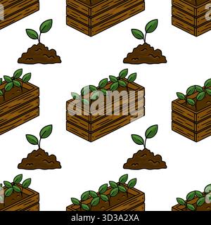 A charming seamless vector pattern featuring isometric wooden planters filled with vibrant green seedlings and small mounds of rich brown soil, evokin Stock Vector