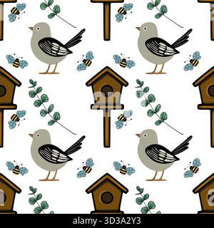 Charming vector seamless pattern featuring cute birds, flying bees, and delicate eucalyptus branches around a wooden birdhouse, evoking a whimsical ga Stock Vector