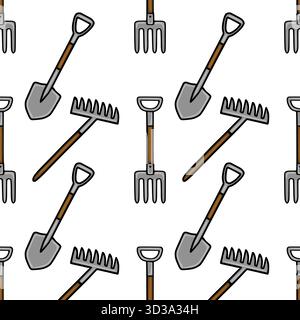 Seamless vector pattern featuring garden shovels, rakes, and pitchforks with a simple, illustrative style and a white background. Stock Vector