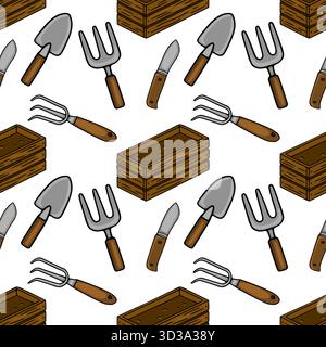 Seamless vector pattern featuring hand-drawn gardening tools like trowels, forks, and wooden seed boxes, rendered with a playful, illustrative style. Stock Vector