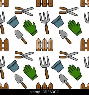 Charming vector pattern of gardening tools, including trowels, shears, gloves, pots, and fences, set against a clean white background. Stock Vector