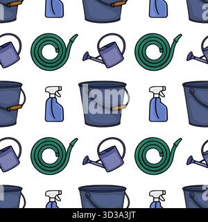 Seamless vector pattern of gardening tools including buckets, watering cans, spray bottles, and coiled green hoses, rendered in a charming, flat illus Stock Vector