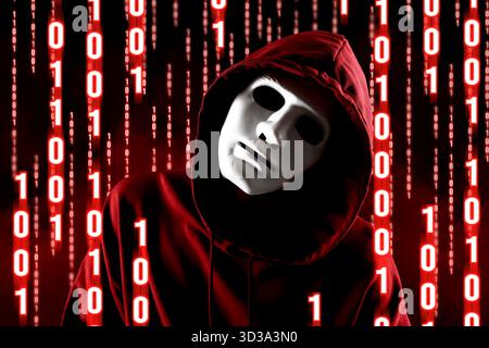 Cyber attack. Hacker in mask and red glowing binary code around him Stock Photo