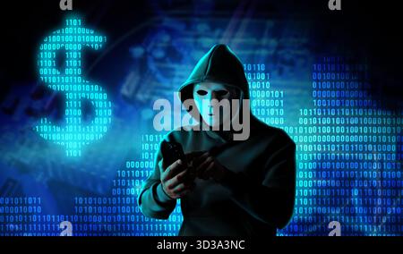 Cyber attack. Hacker in mask using mobile phone. Blue binary code and dollar sign Stock Photo