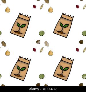 Seamless vector pattern featuring stylized seed packets with sprouting plants and scattered seeds, creating a playful and organic garden theme. Stock Vector