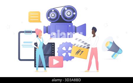 Creative cinema production process camera clapperboard film reel digital media icons perfect filmmaking video editing movie industry projects isolated white background vector illustration. Stock Vector