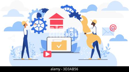 Cloud computing teamwork with gears, wrench, and digital data management for online service, storage, and maintenance solutions isolated on white background vector illustration Stock Vector