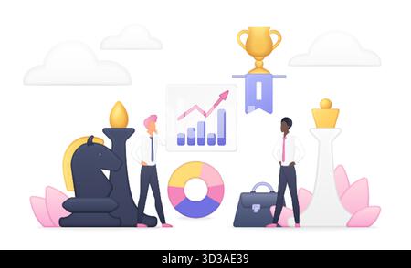 Business professionals standing by chess pieces, trophy, and analytics chart symbolizing competition, leadership, and strategic planning isolated on white background vector illustration Stock Vector