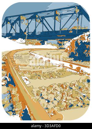 Sketch-style impressionnist painting,Railway tracks under the iron bridge,Digital illustration vector image Stock Vector