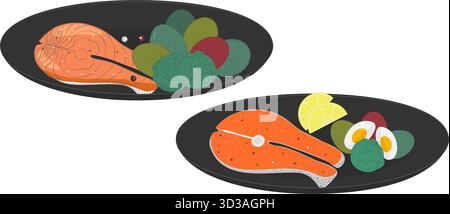 Salmon Steak Various Healthy Eating Presentations on Dark Plate Sticker Icon Minimal Flat design Set. Set Isolated Vector illustration Healthy Food Related content Recipe Menu card, price tag, leaflet Stock Vector
