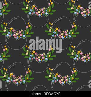 Outline Cracked Eggshell with Colorful Flowers and Twigs inside. Seamless Pattern on Dark Background. Isolated Vector illustration Spring Thematic or Easter Greetings Party Invite Banner, leaflet, tag Stock Vector
