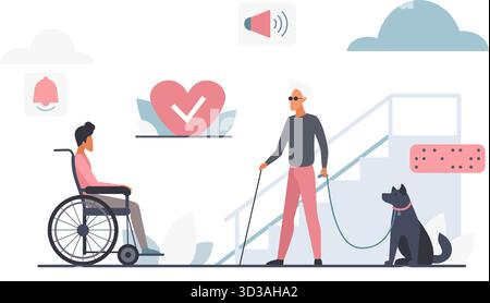 Modern accessibility technology for disabled people using cloud services, featuring wheelchair user, guide dog, and digital support icons isolated on white background vector illustration Stock Vector