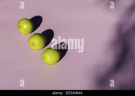 Three fresh green limes aligning diagonally, creating dark shadows on a vibrant purple surface with abstract leaf shadow Stock Photo